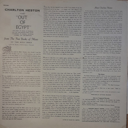 Charlton Heston With The Robert DeCormier Chorale : Reads "Out Of Egypt" From The Five Books Of Moses Of The Holy Bible (LP)