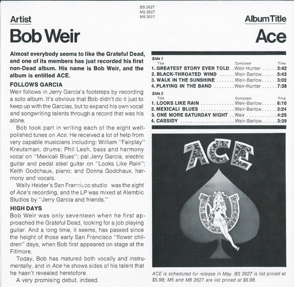 Bob Weir : Ace (LP, Album, Promo, San)