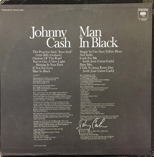 Johnny Cash : Man In Black (LP, Album, Pit)