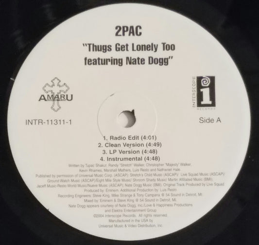 2Pac Featuring Nate Dogg : Thugs Get Lonely Too (12", Promo)