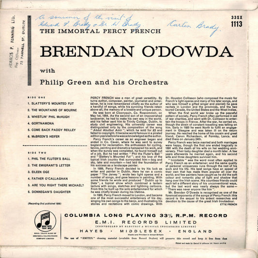 Brendan O'Dowda With Philip Green And His Orchestra : The Immortal Percy French (LP, Album, Mono, RE)