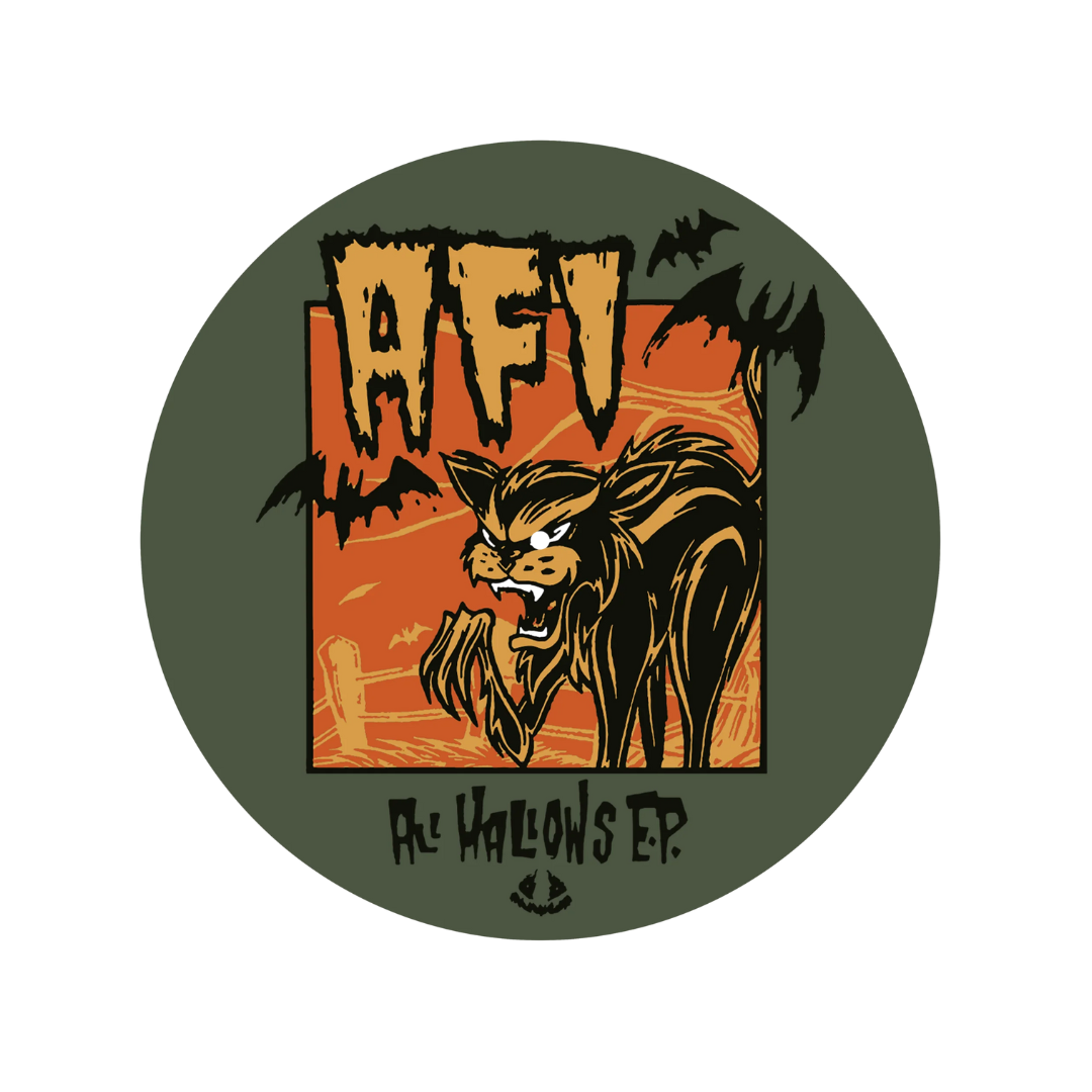 Circular sticker with a lion and text on an orange background