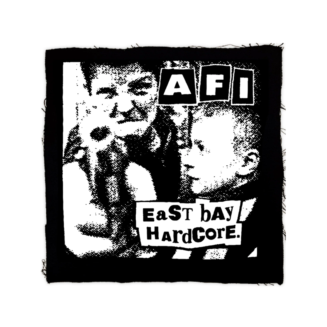 Black and white patch with 'AFI' and 'East Bay Hardcore' text on a white background