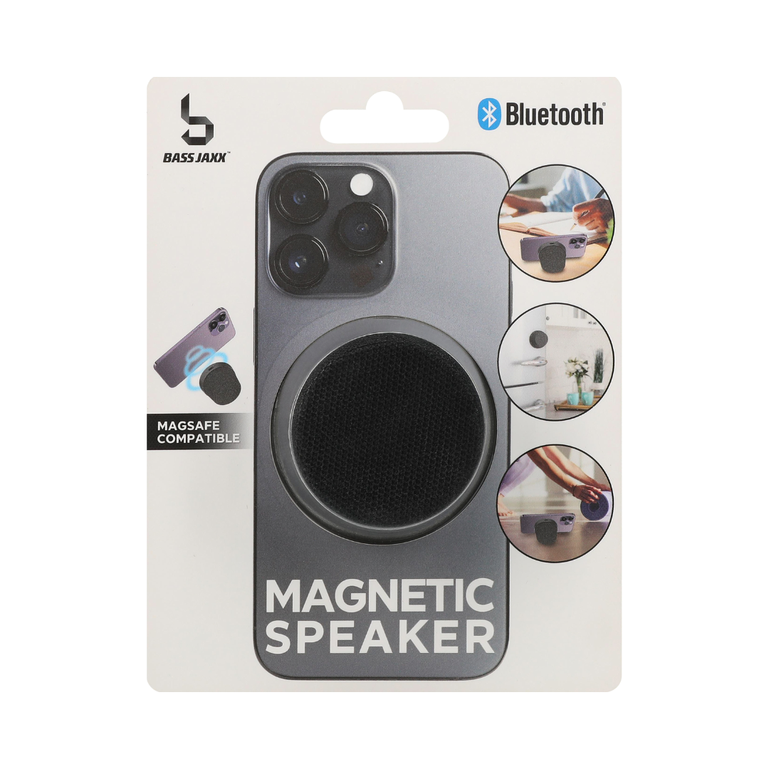 Packaging of a magnetic speaker with Bluetooth and Magsafe compatibility on a white background.