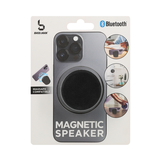 Packaging of a magnetic speaker with Bluetooth and Magsafe compatibility on a white background.