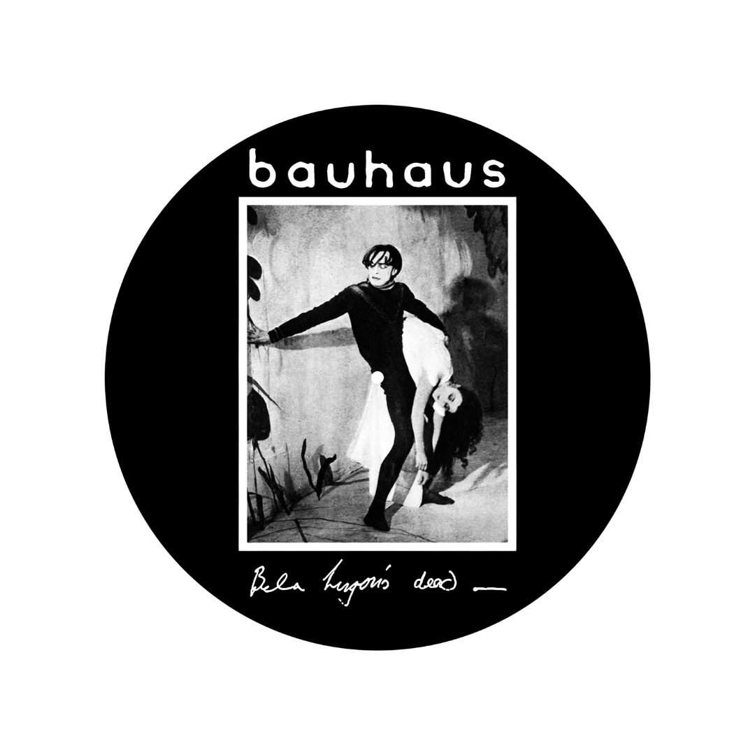 Album cover for 'Bela Lugosi's Dead' by Bauhaus with a black circle border.