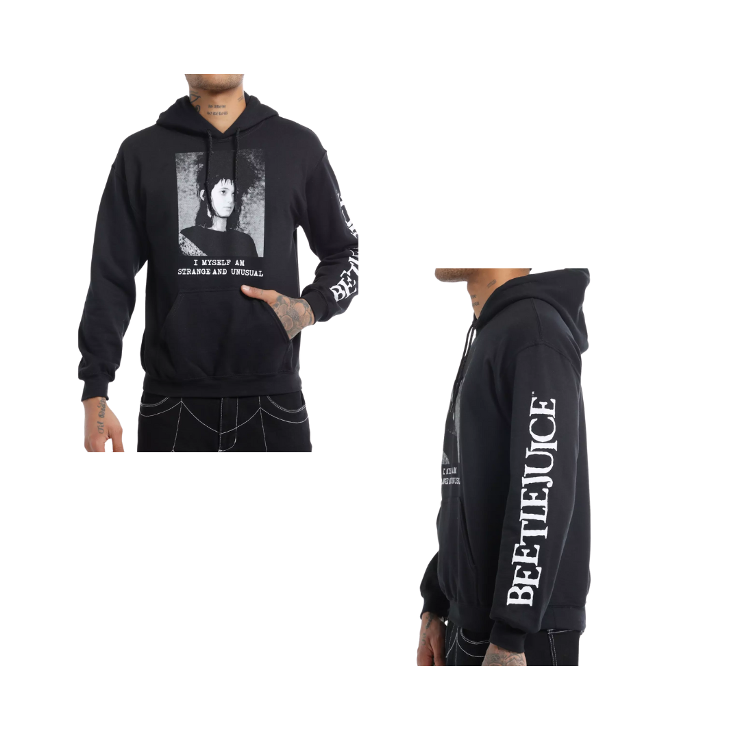 Black hoodie with graphic design and text worn by a person