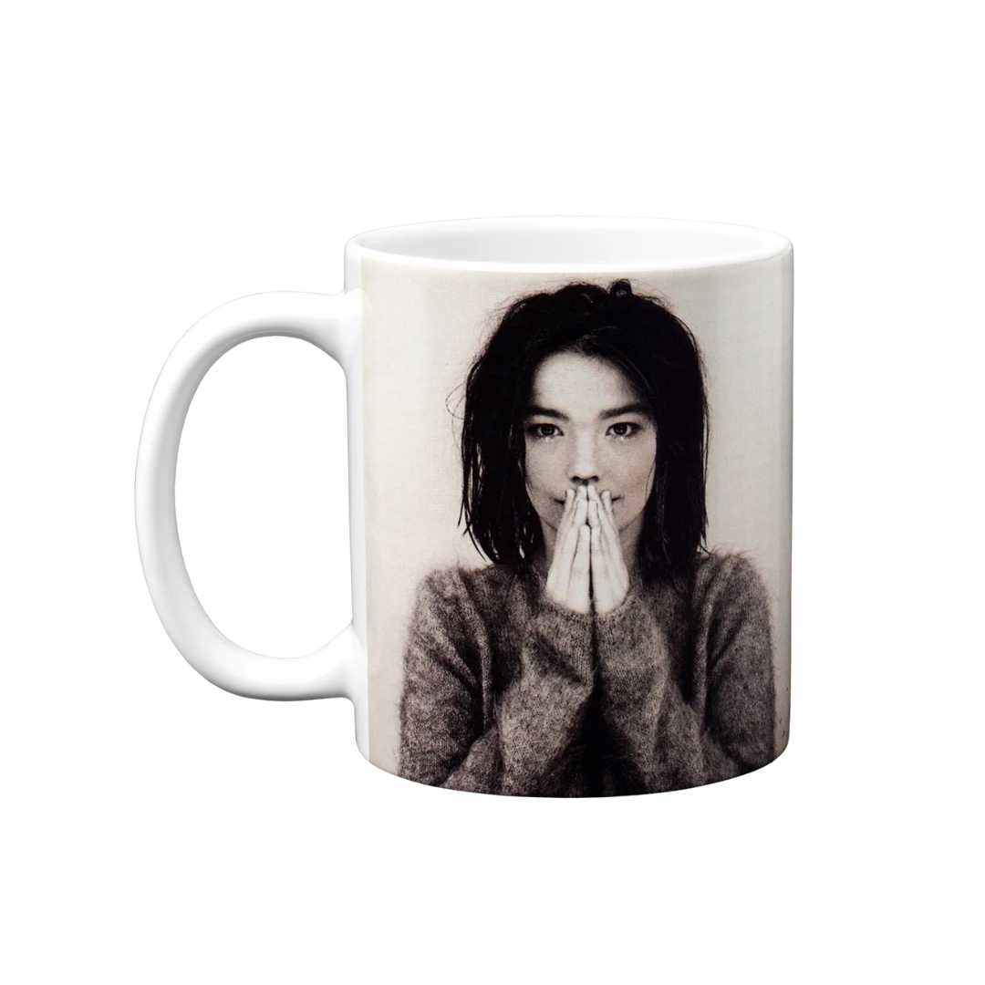 Mug with a black and white photo of a person on a white background