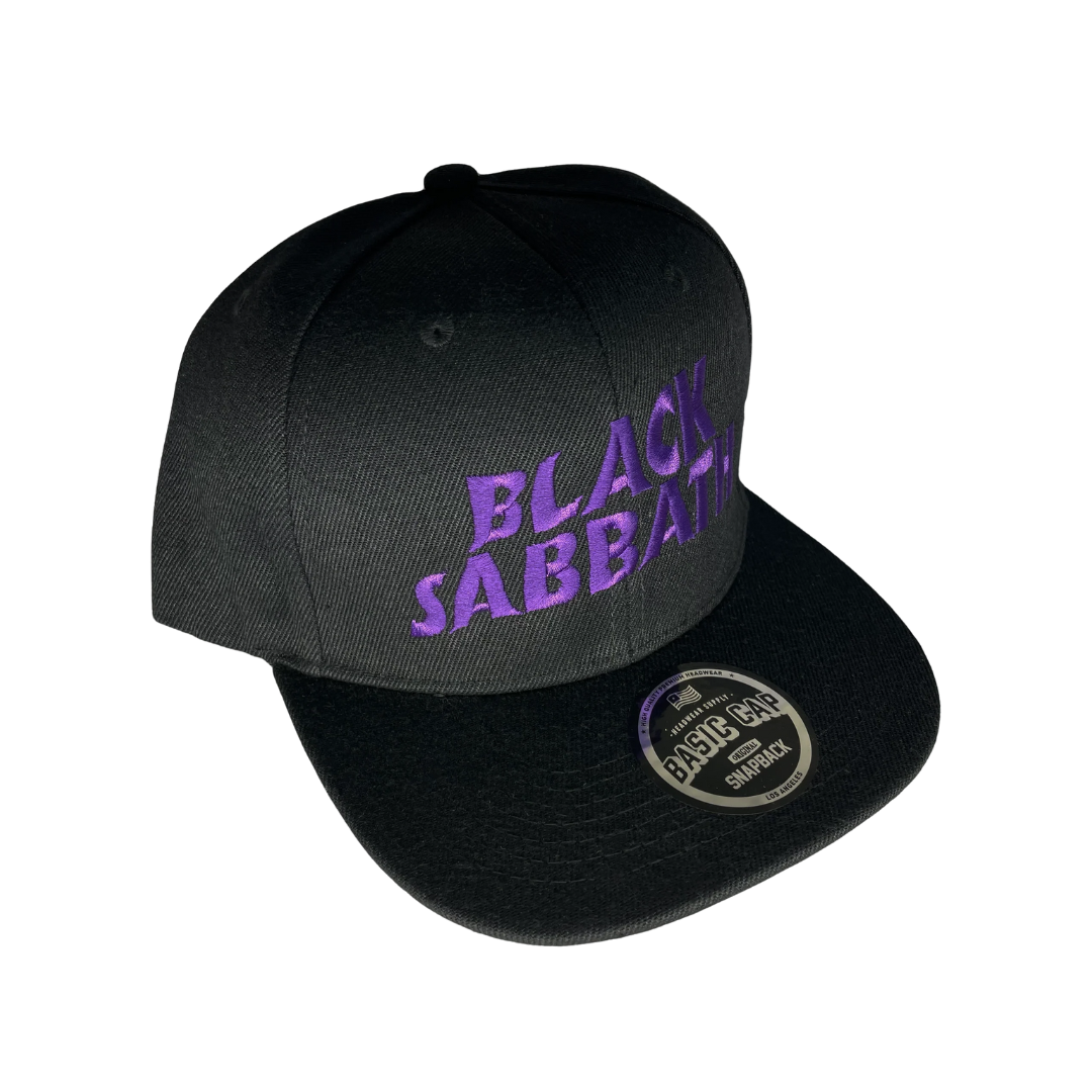 Black cap with 'Black Sabbath' text on a white background