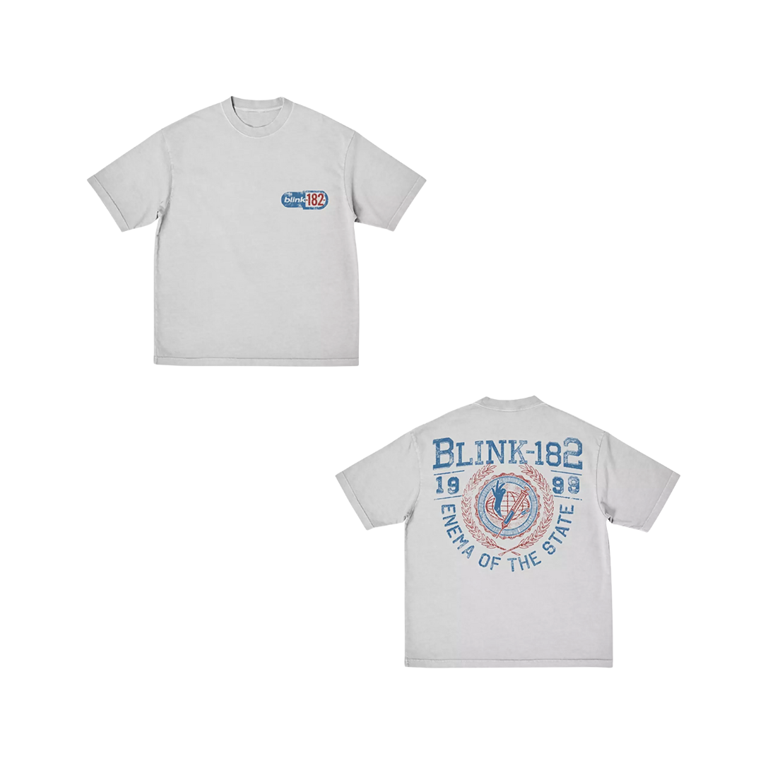 Gray t-shirt with 'Blink-182' logo on front and back design