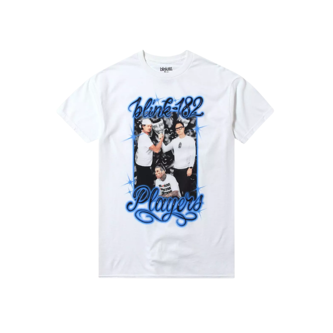 White t-shirt with a graphic of a band and text on a white background