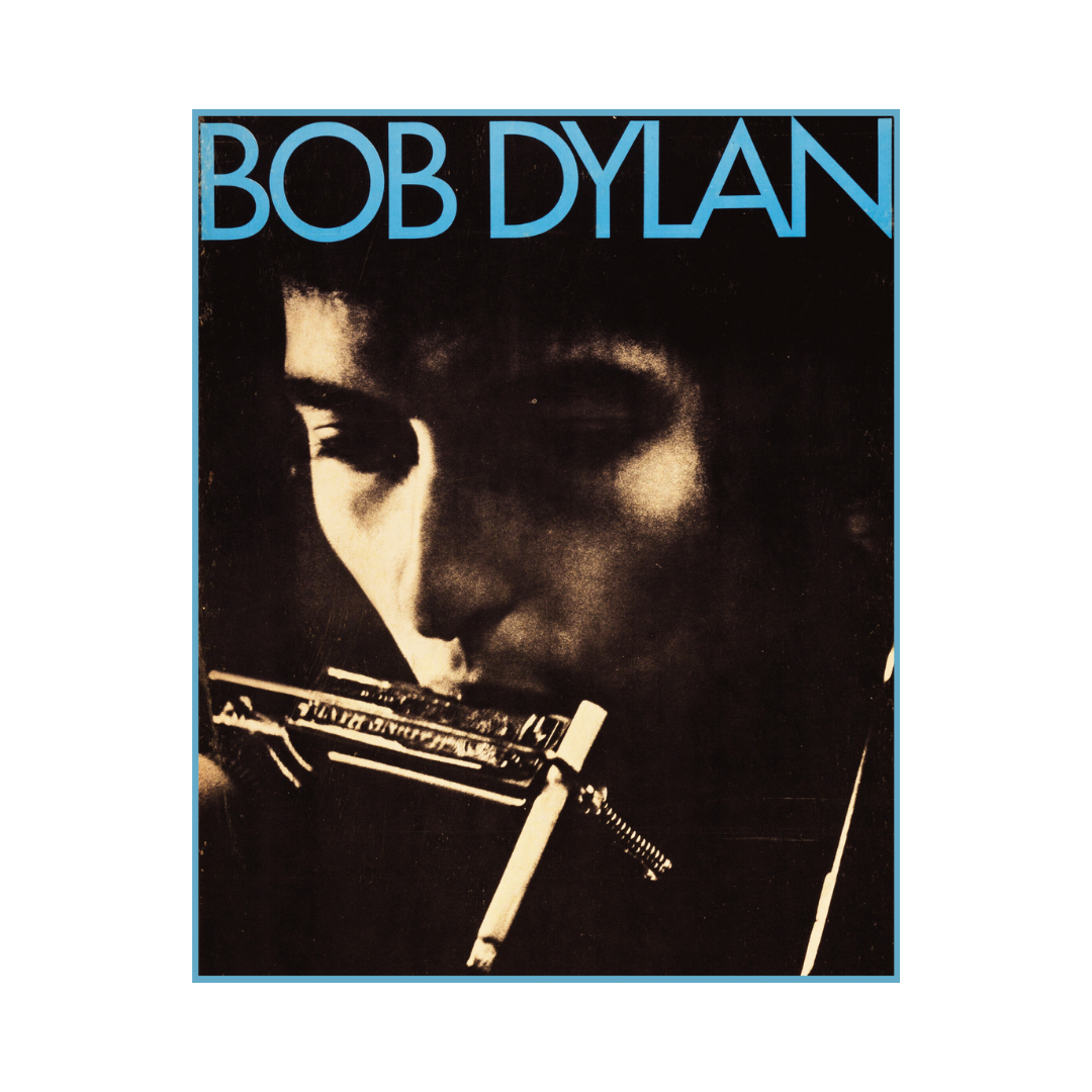 Album cover with a close-up of a person holding a harmonica, featuring the name Bob Dylan.