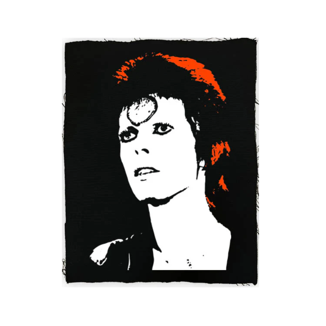 Stylized portrait with black, white, and orange colors on a textured black background