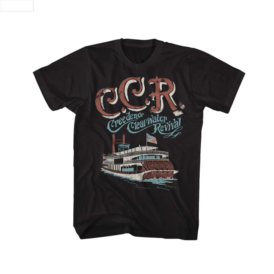 Black t-shirt with 'C.C.R. Credence Clearwater Revival' riverboat graphic design