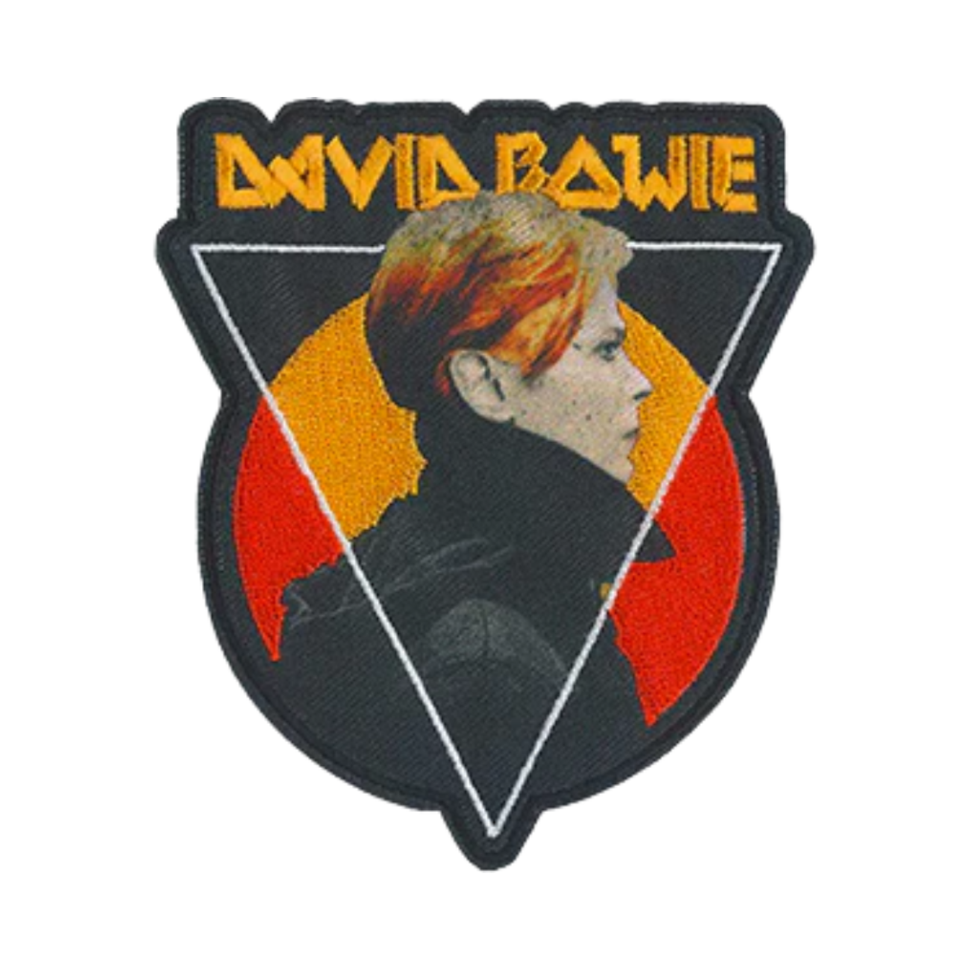 Patch with a portrait of David Bowie and his name above it on a white background