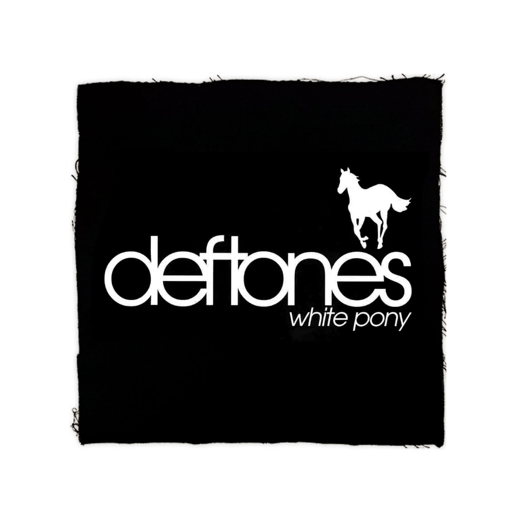 Black album cover with 'deftones' and 'white pony' text and a horse illustration.