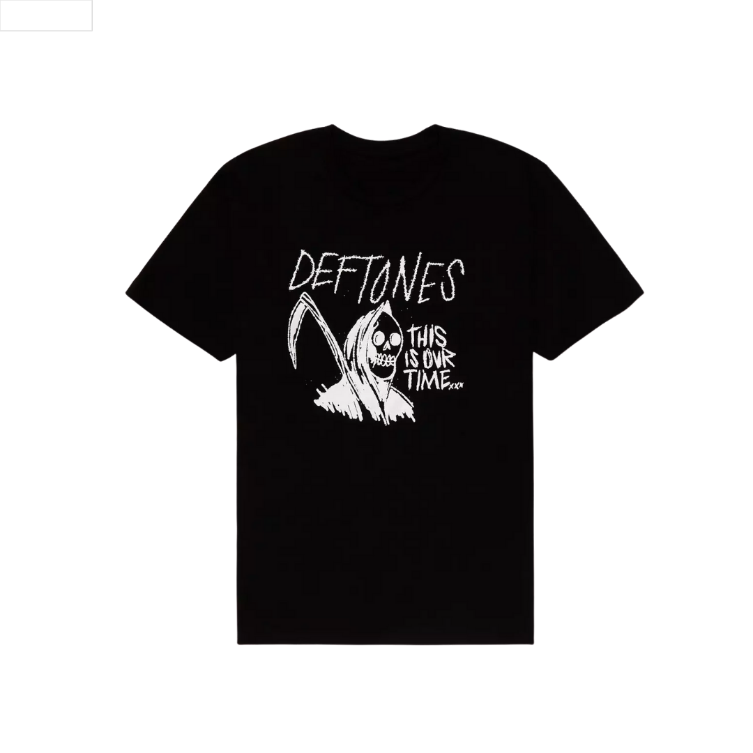 Black t-shirt with white graphic and text