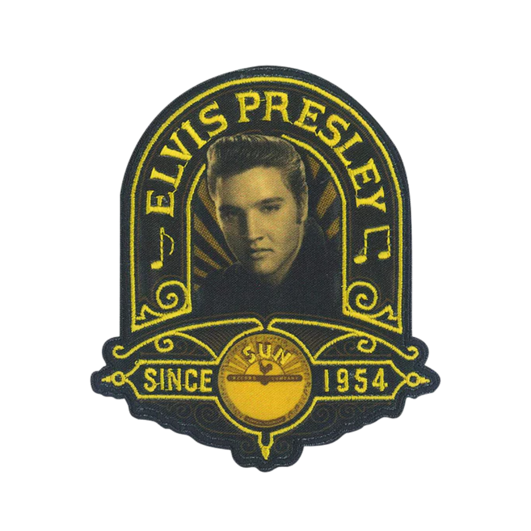 Elvis Presley patch with yellow text and a portrait of Elvis on a black background