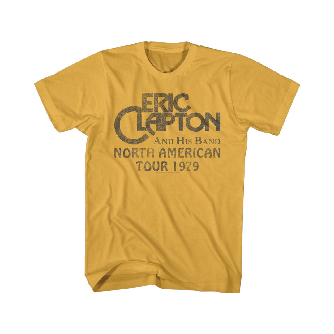 Yellow t-shirt with black text featuring Eric Clapton and his band's North American tour in 1979.