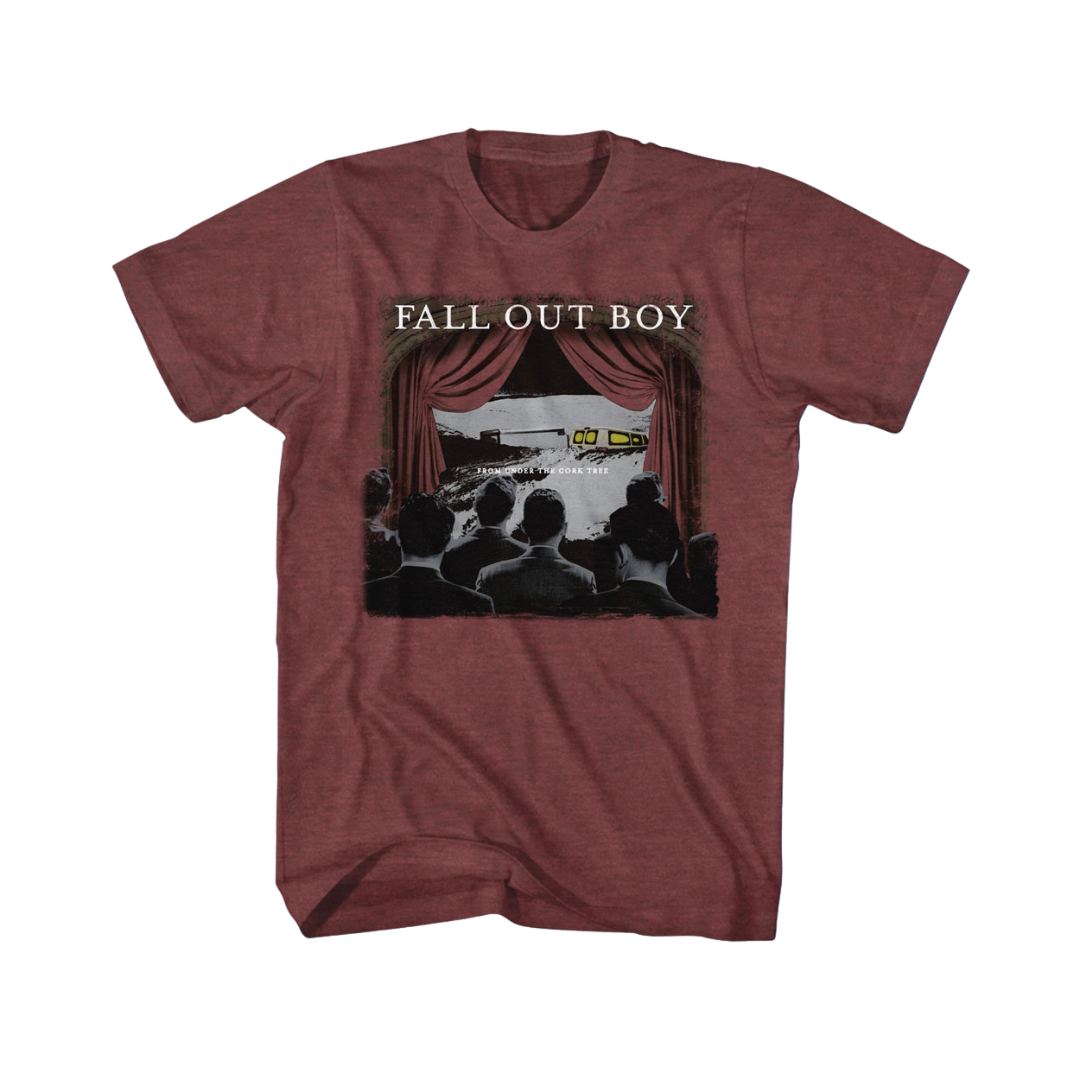 Maroon t-shirt with 'Fall Out Boy' graphic design on a white background