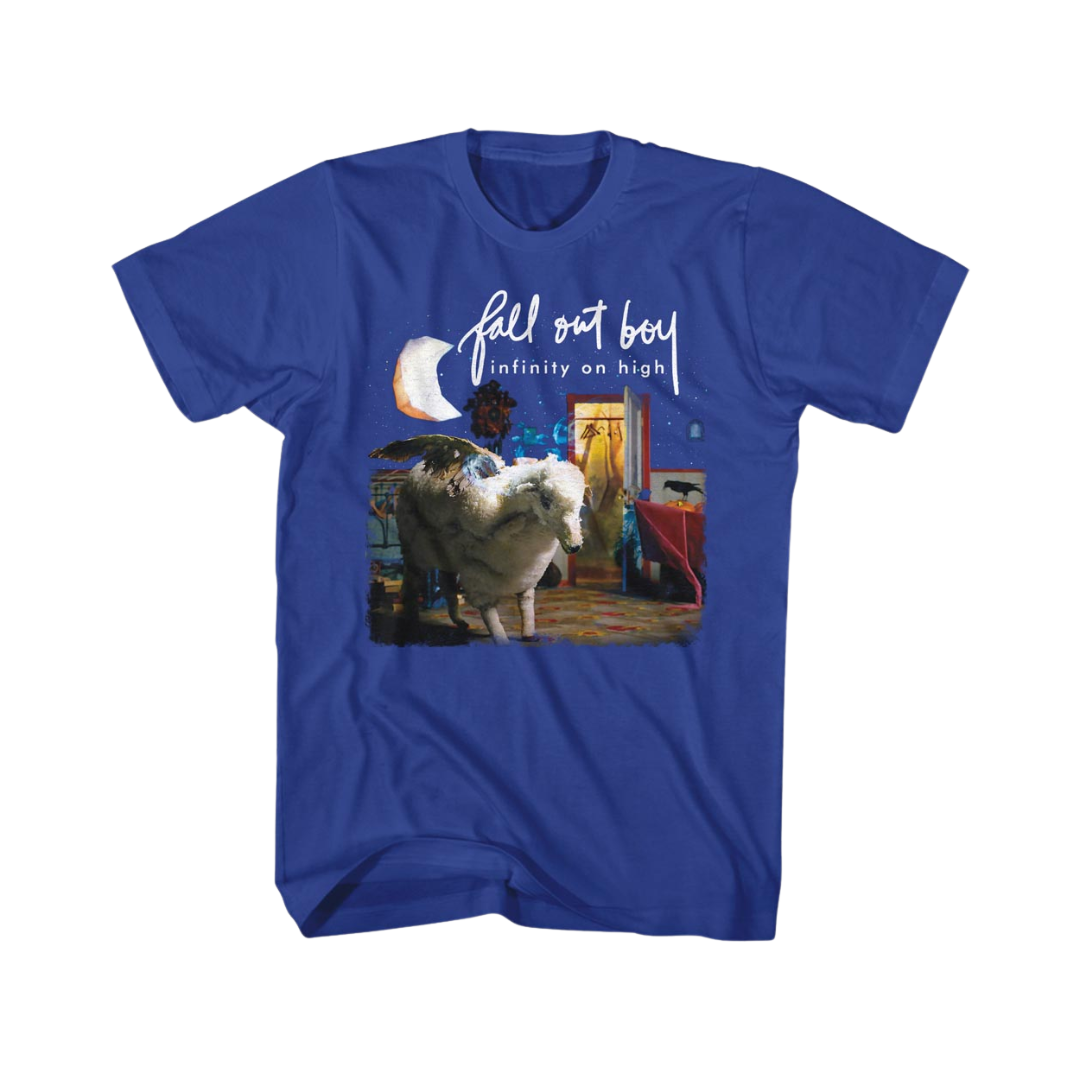 Blue t-shirt with graphic design and text on a white background