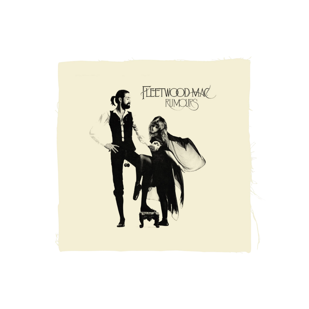 Album cover of Fleetwood Mac's 'Rumours' with black and white illustration on beige background