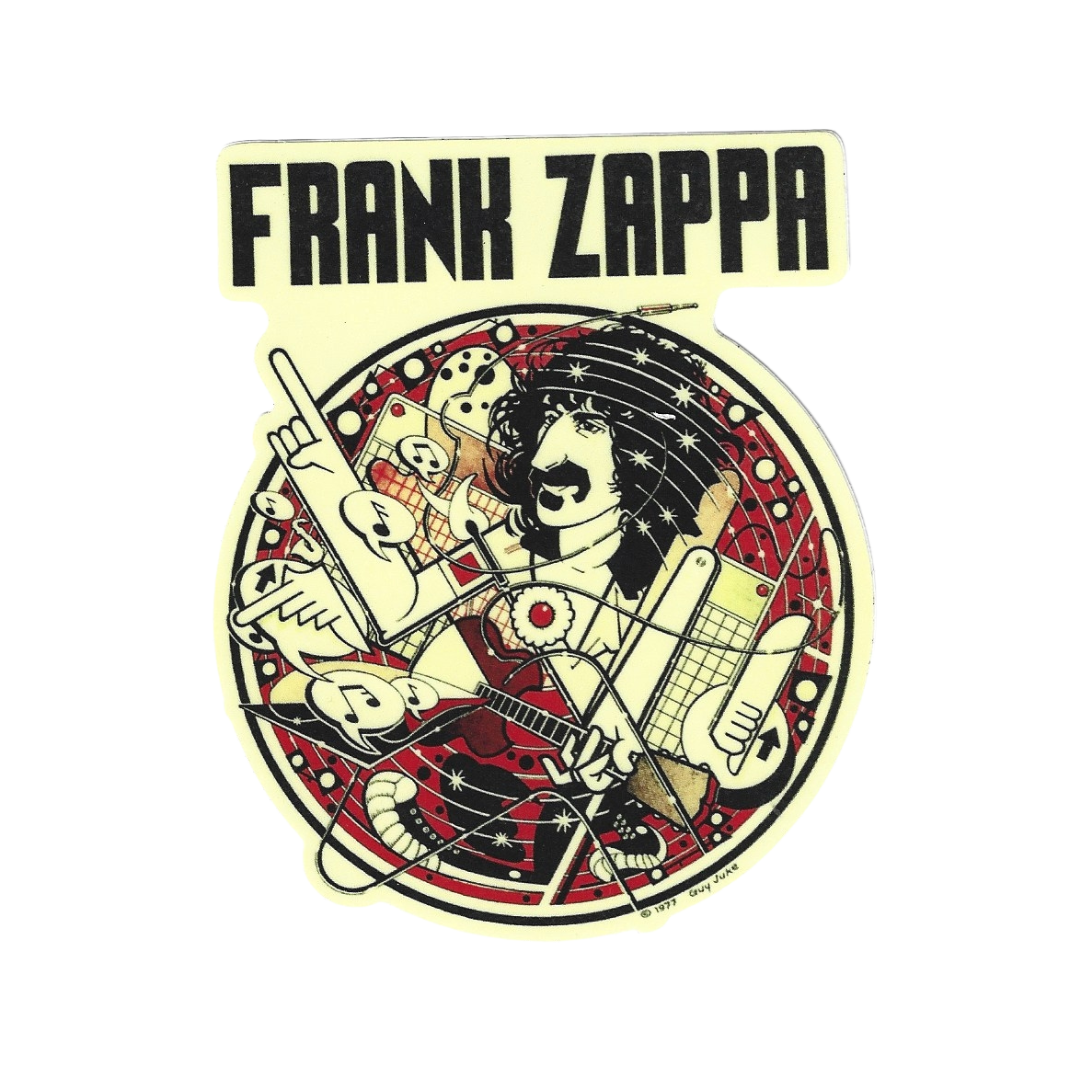 Illustration of Frank Zappa with text 'Frank Zappa' on a white background