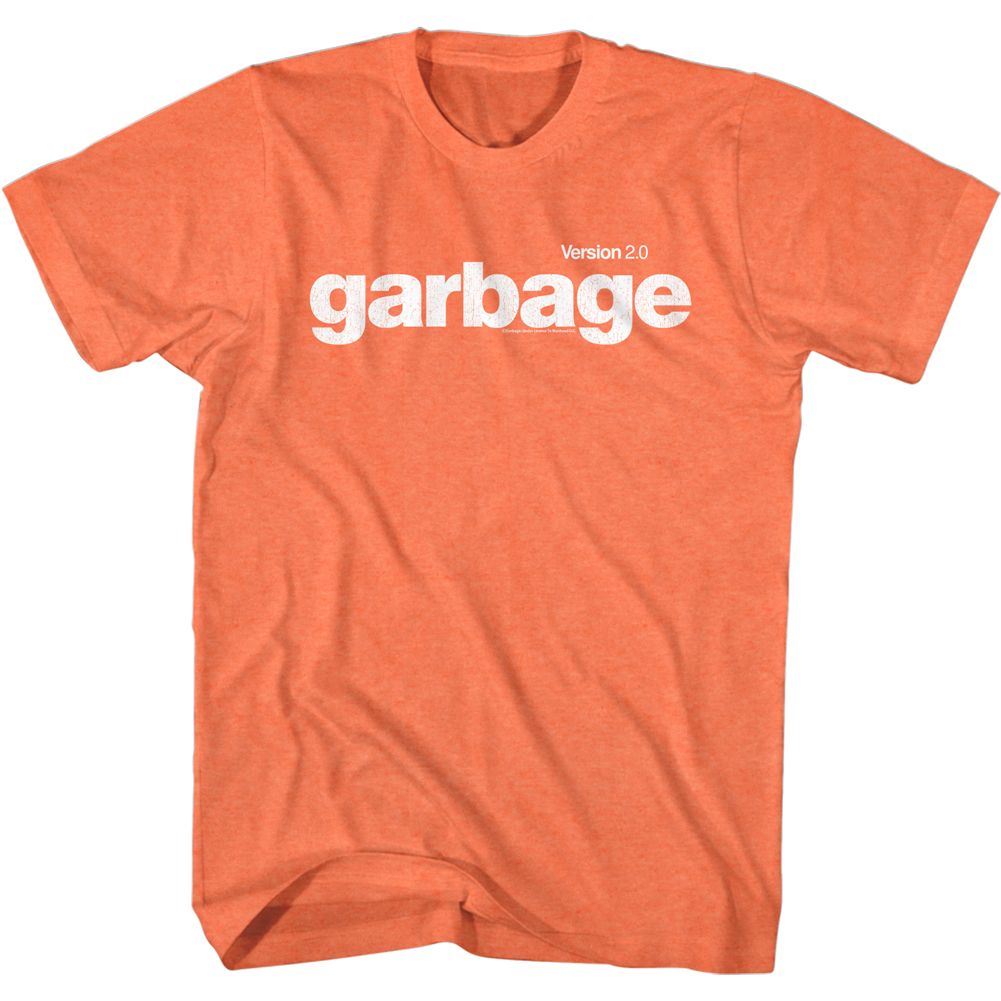 Orange t-shirt with 'garbage Version 2.0' text on a white background