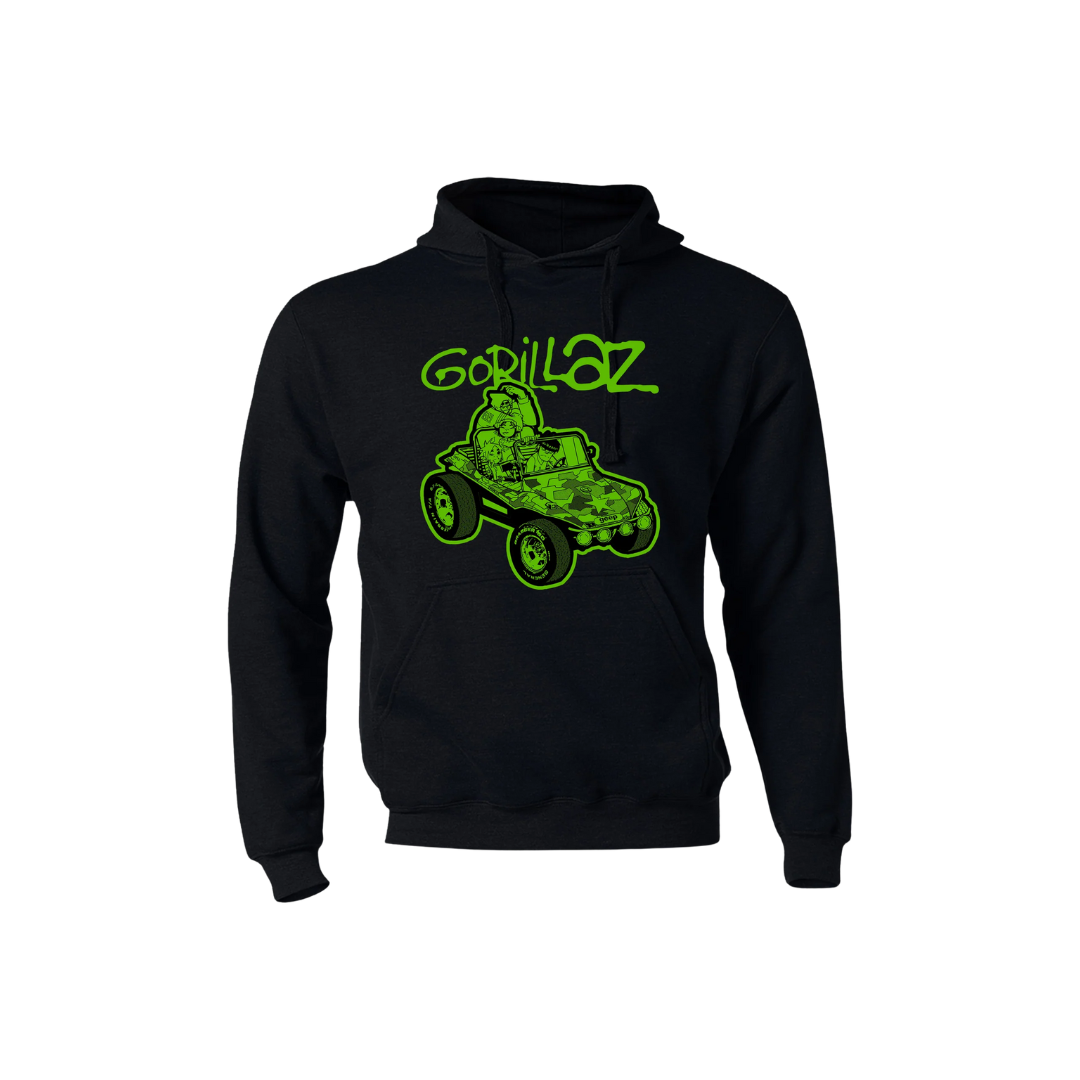 Black hoodie with green 'Gorillaz' logo on a white background