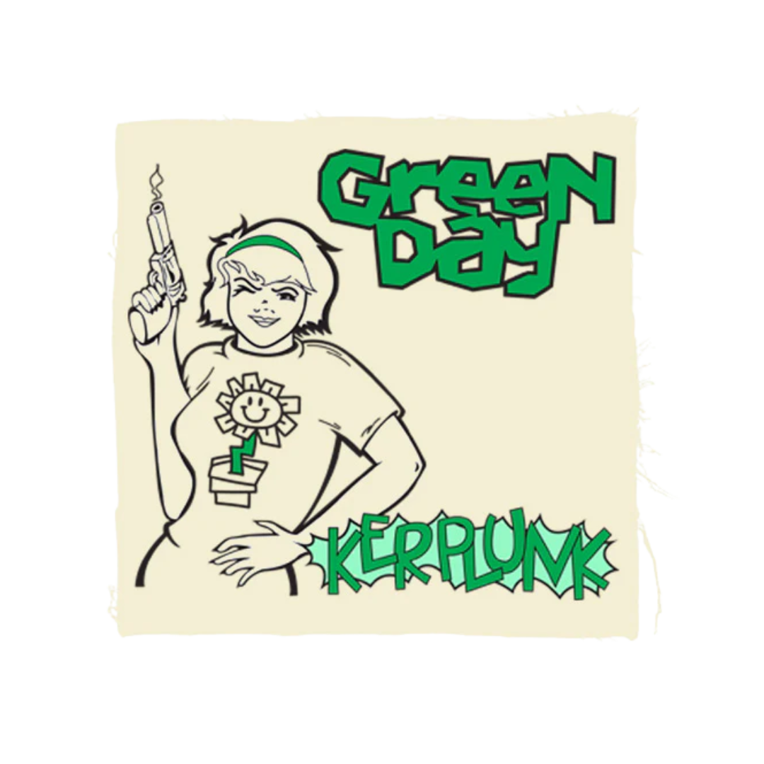 Fabric with a graphic of a person holding a gun and text 'Green Day Kerplunk' on a beige background