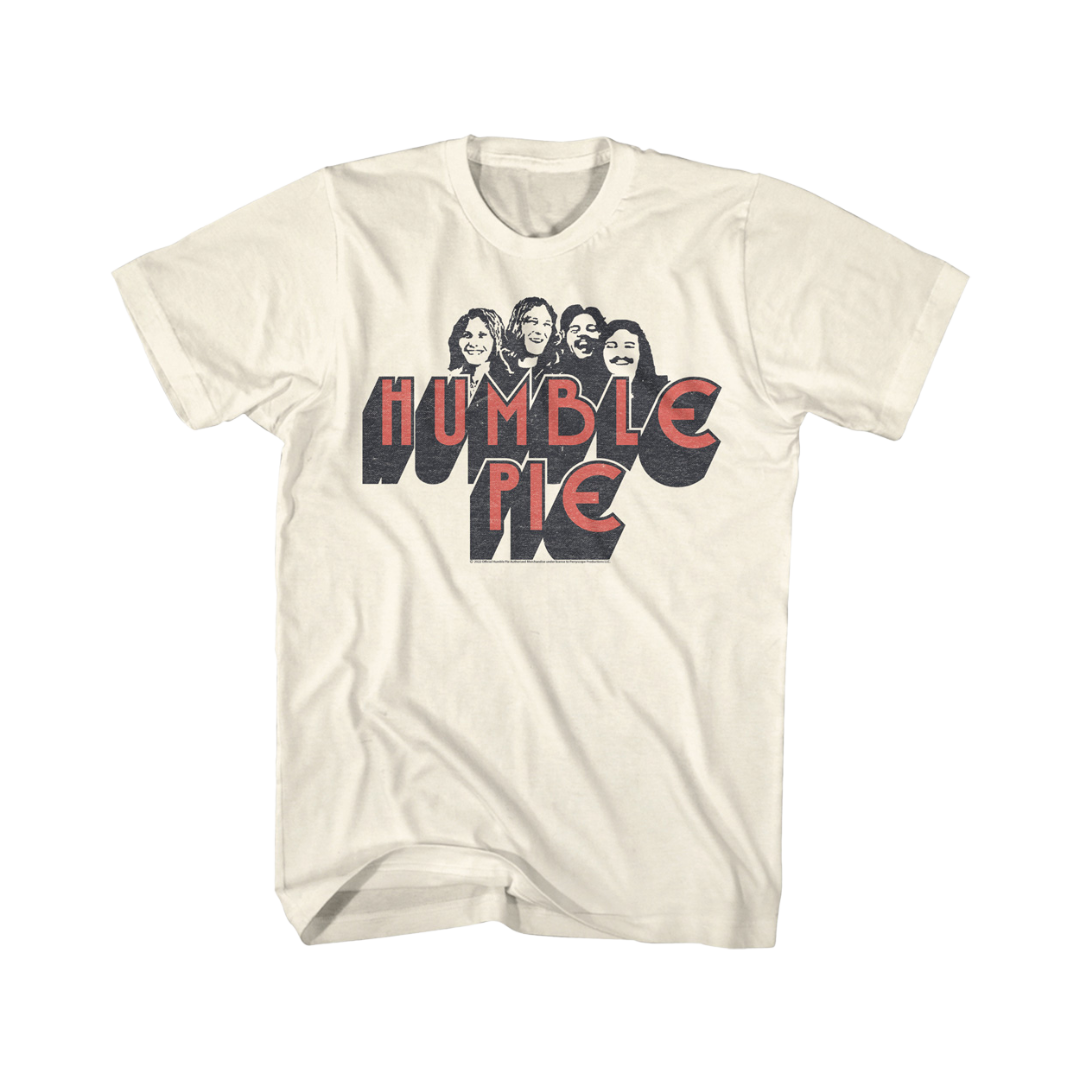 Beige t-shirt with 'Humble Pie' band graphic on a white background