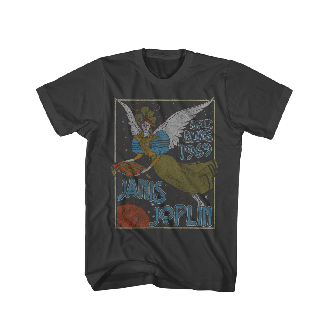 Black t-shirt with Janis Joplin graphic design on a white background