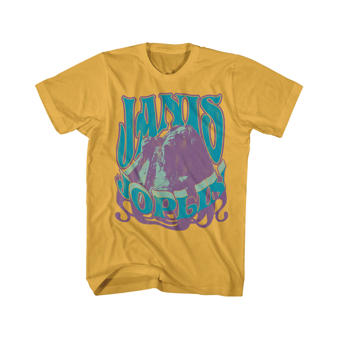Yellow t-shirt with 'Janis Joplin' graphic design on a white background