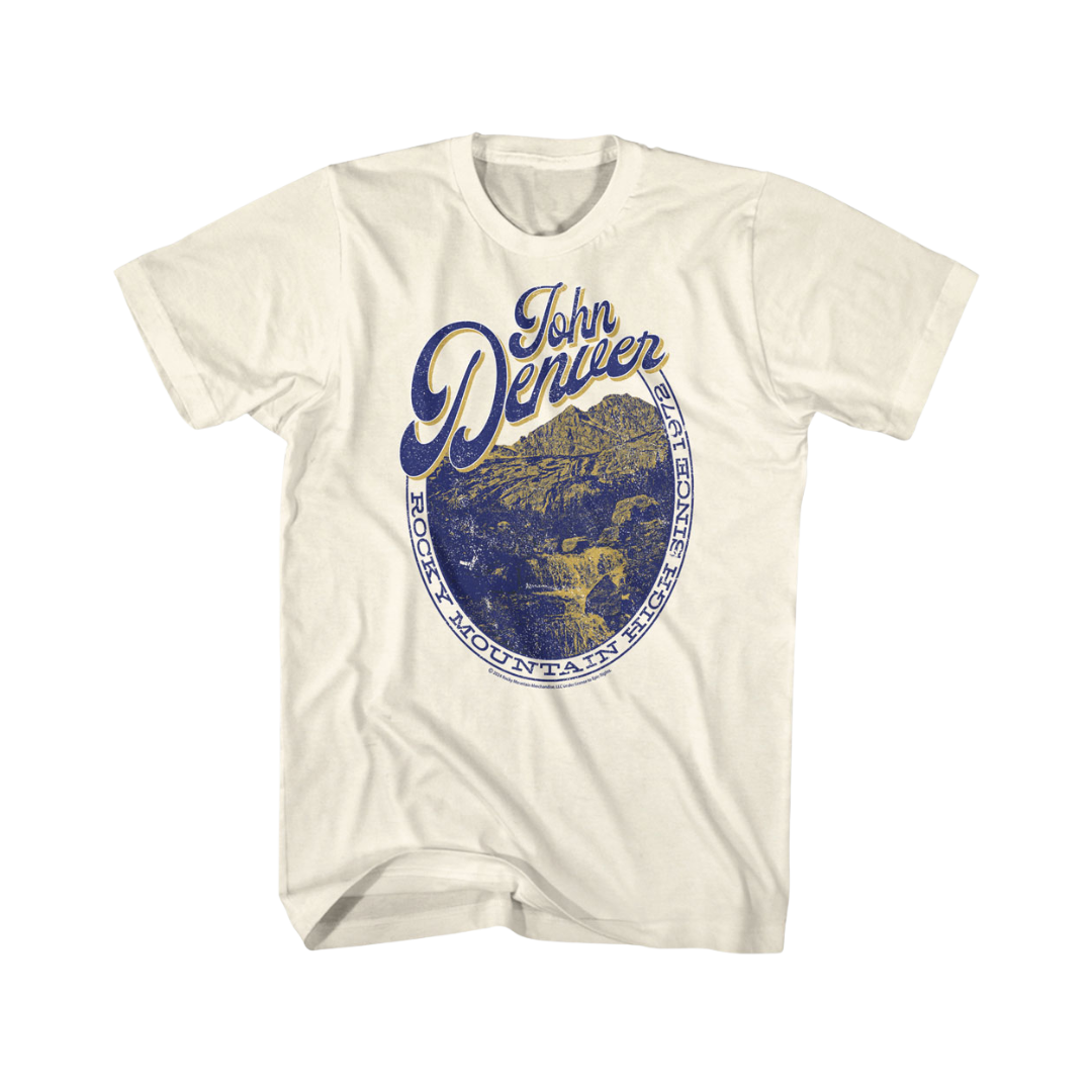 Beige t-shirt with 'John Denver Rocky Mountain' graphic design on a white background