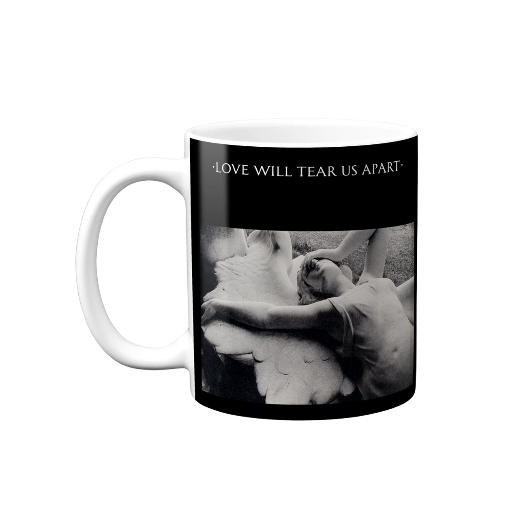 Mug with black and white design and text 'Love Will Tear Us Apart' on a white background