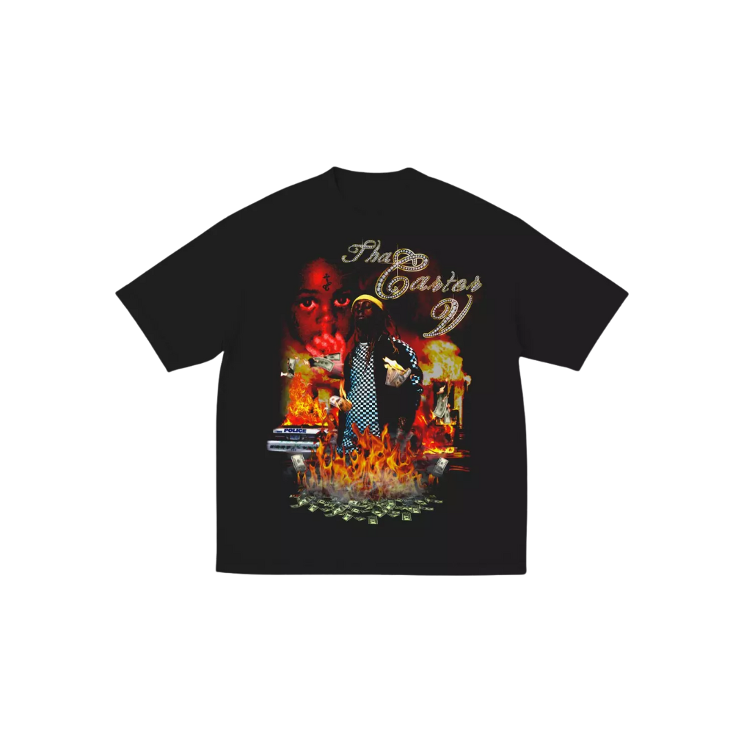 Black t-shirt with a graphic design on the back featuring flames and text.