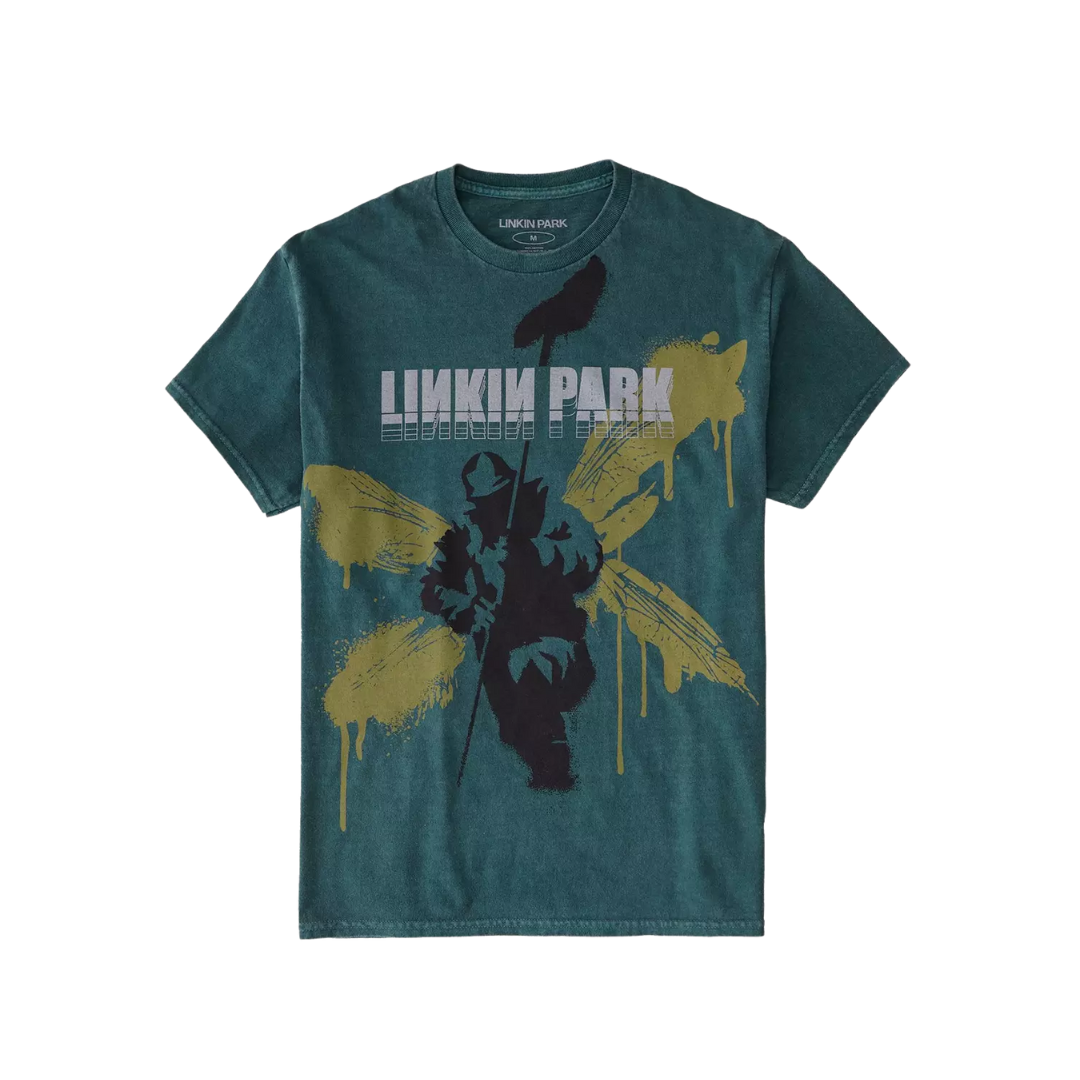 Teal t-shirt with Linkin Park graphic design on a white background