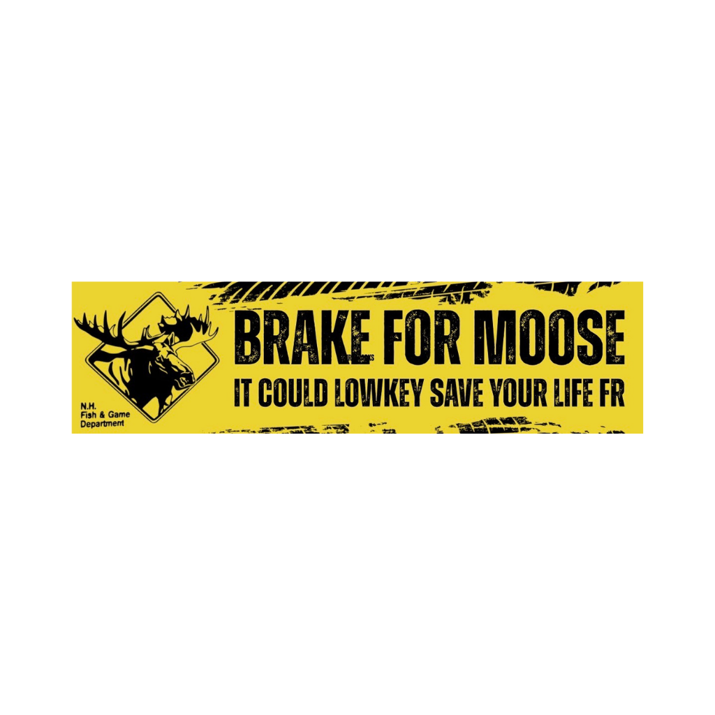 A yellow rectangular bumper sticker with black text reading 'BRAKE FOR MOOSE' and 'IT COULD LOWKEY SAVE YOUR LIFE FR', plus a black moose warning-sign graphic on the left.