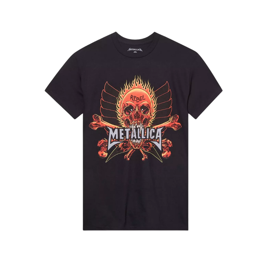 Black t-shirt with Metallica graphic design on a white background