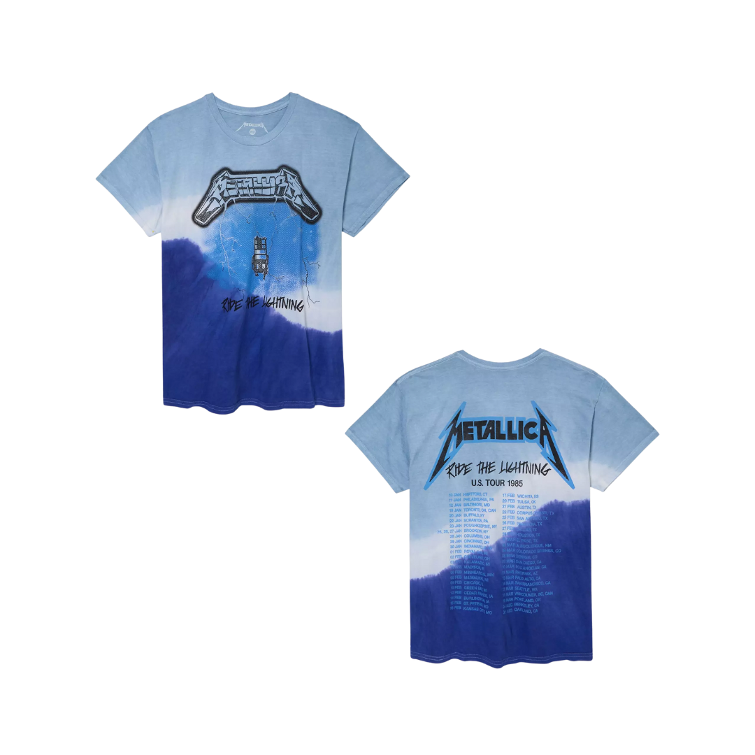 Blue and white gradient t-shirt with Metallica graphic design on a white background