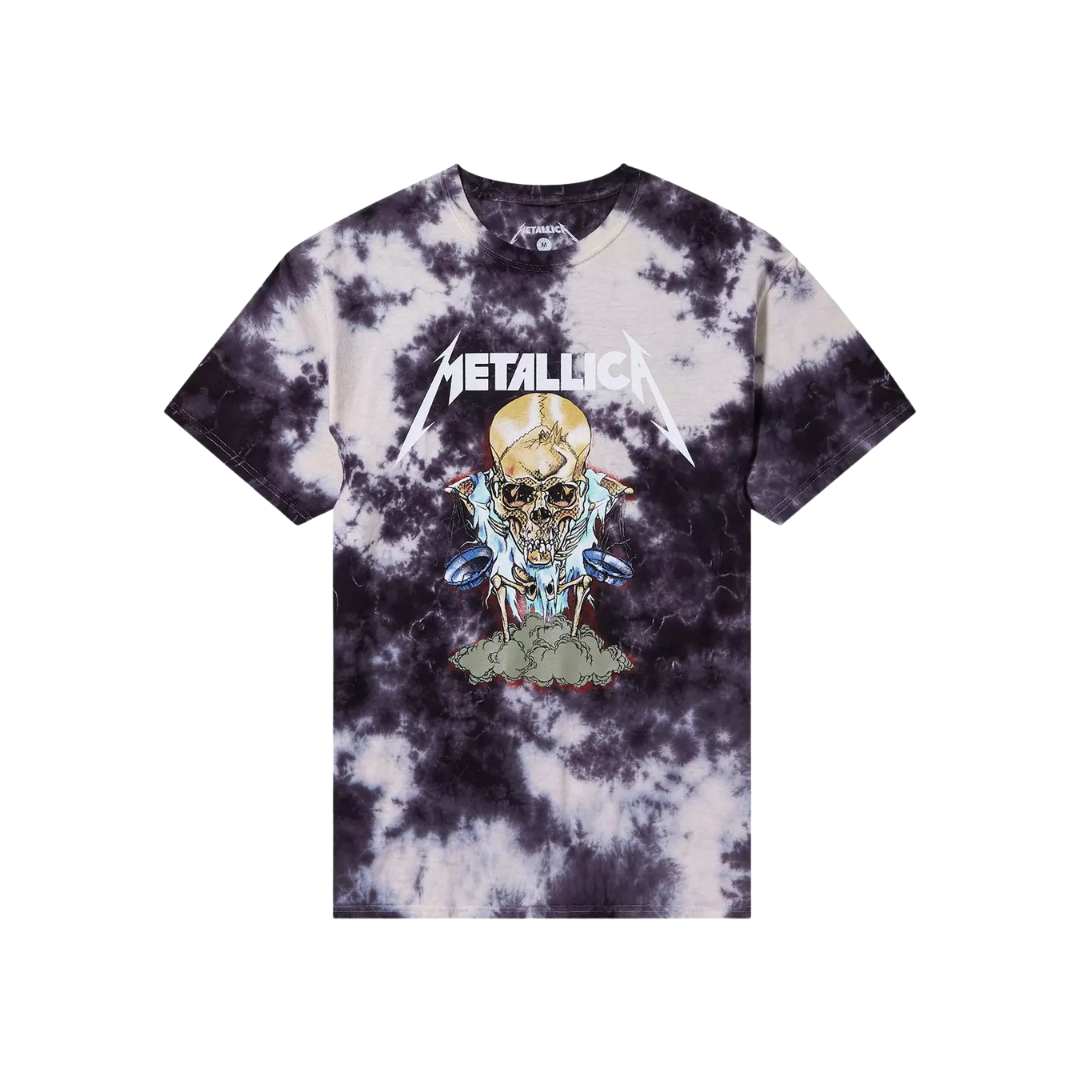 Tie-dye t-shirt with graphic design and 'Metallica' branding on a white background