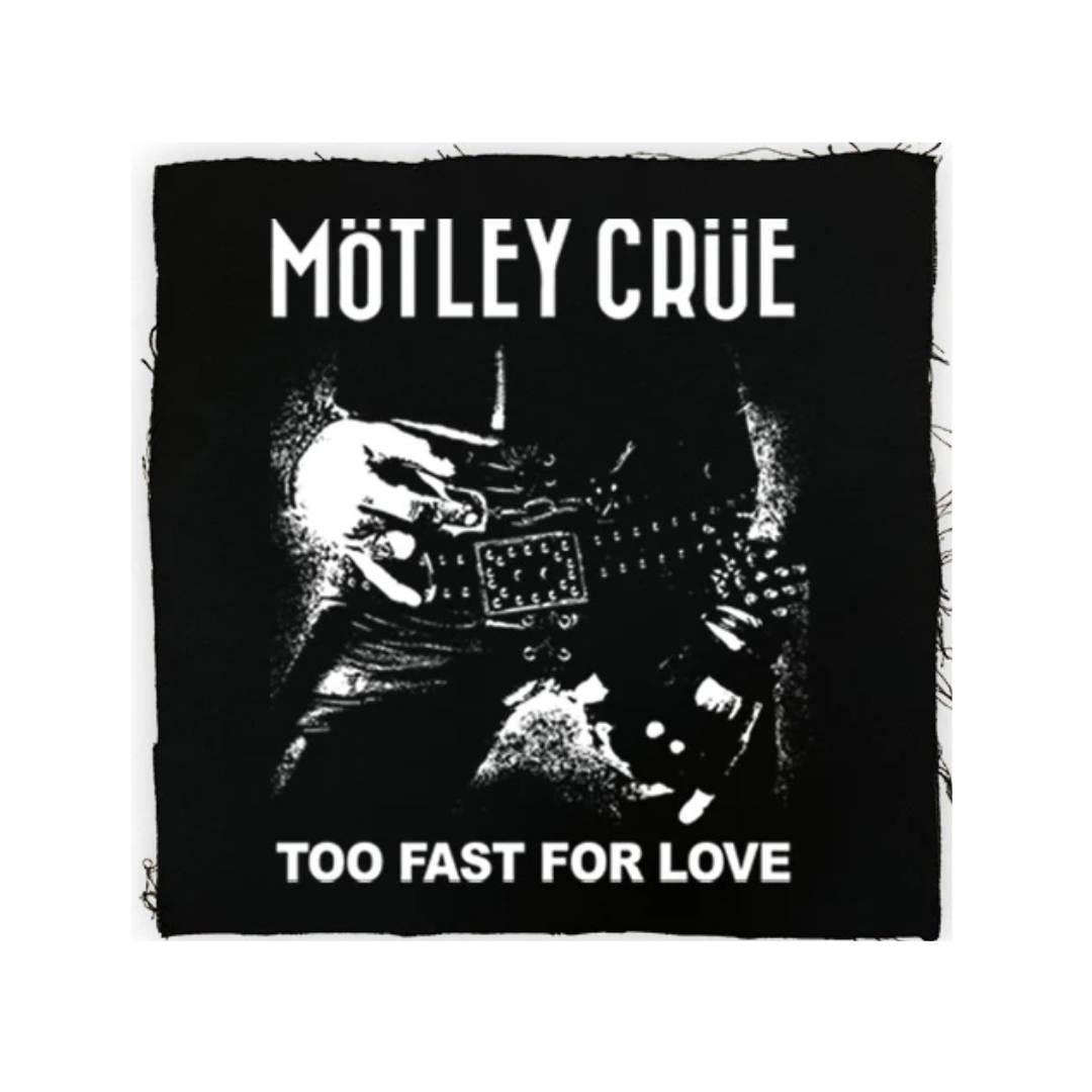 Album cover of 'Too Fast for Love' by Mötley Crüe with a person playing guitar.