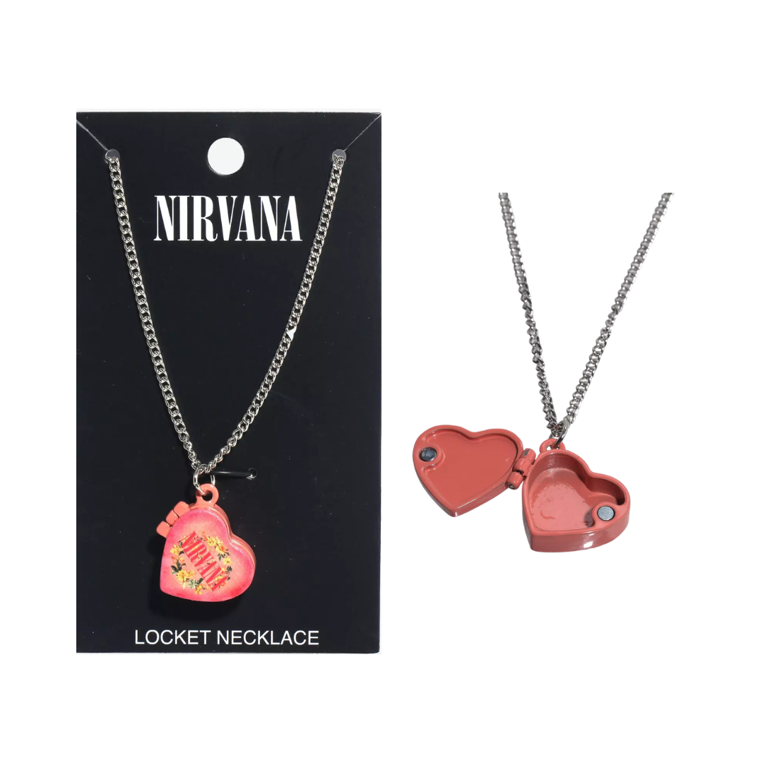 Nirvana heart-shaped locket necklace on a black card with product name.