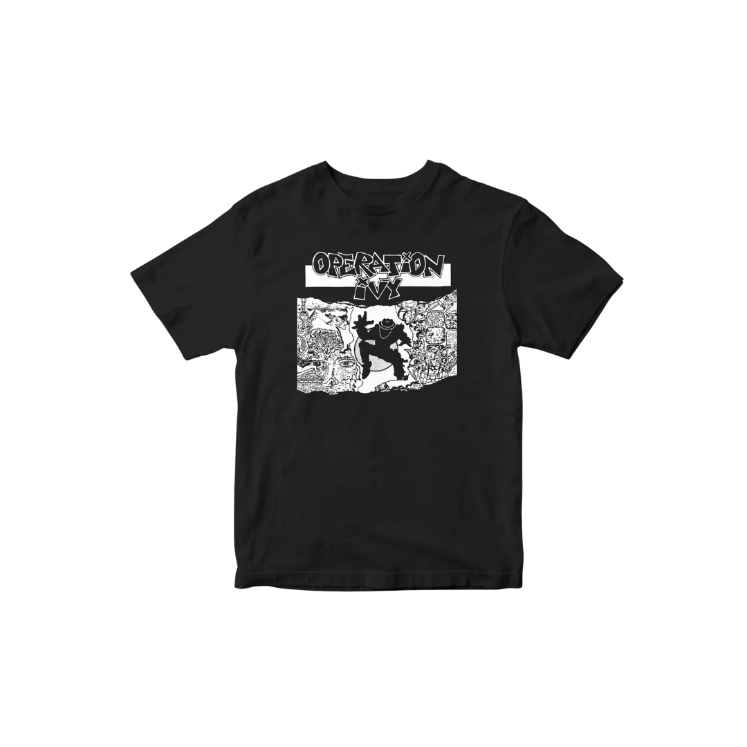 Black t-shirt with graphic design and text on a white background