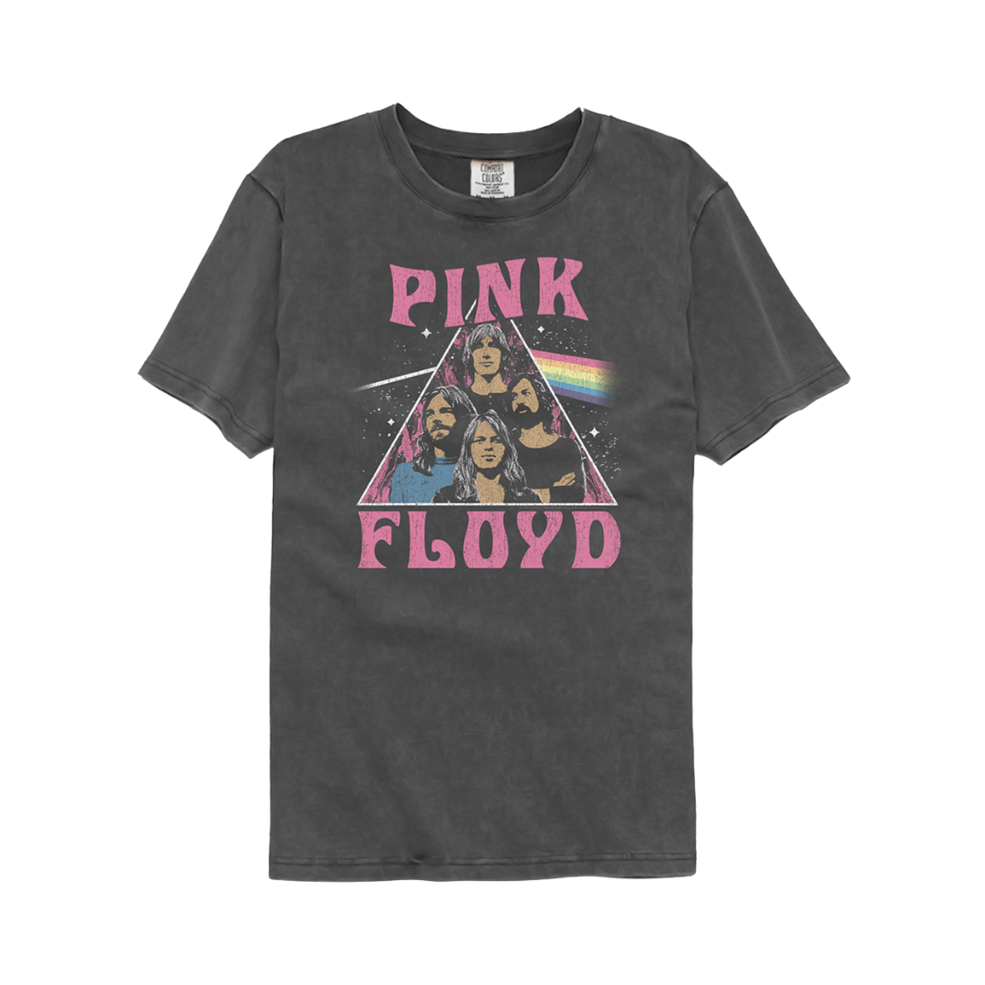 Black t-shirt with Pink Floyd graphic design on a white background