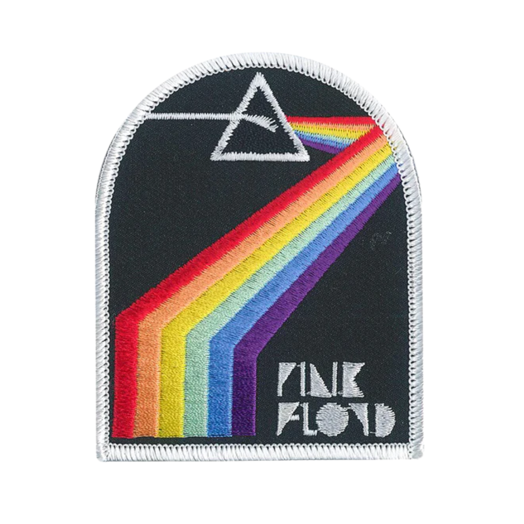 Pink Floyd patch with rainbow and triangle logo on a black background
