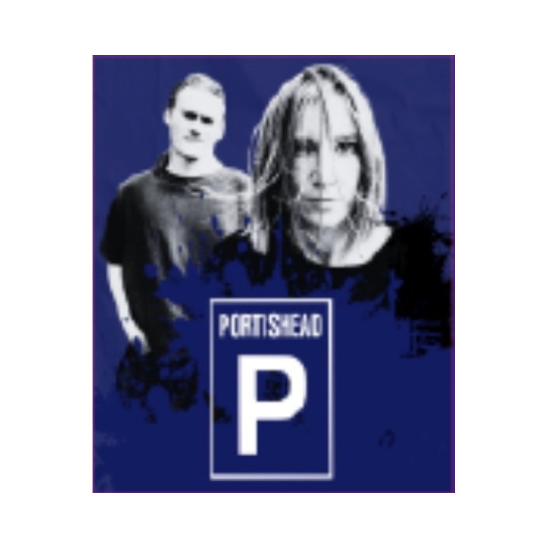Blue sticker with two people and 'Portishead' logo on a blue background