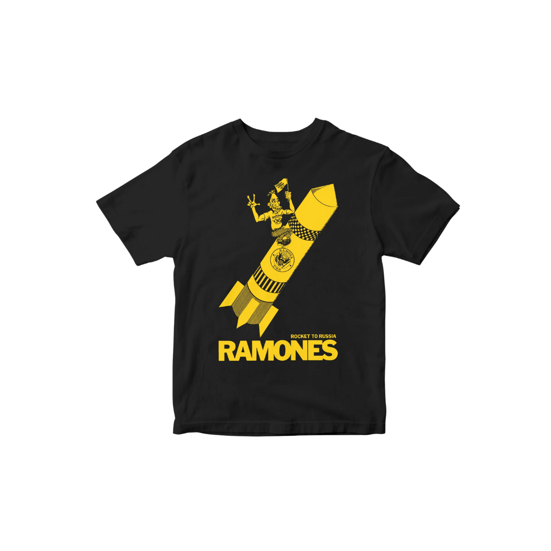 Black t-shirt with yellow graphic and 'RAMONES' text on a white background