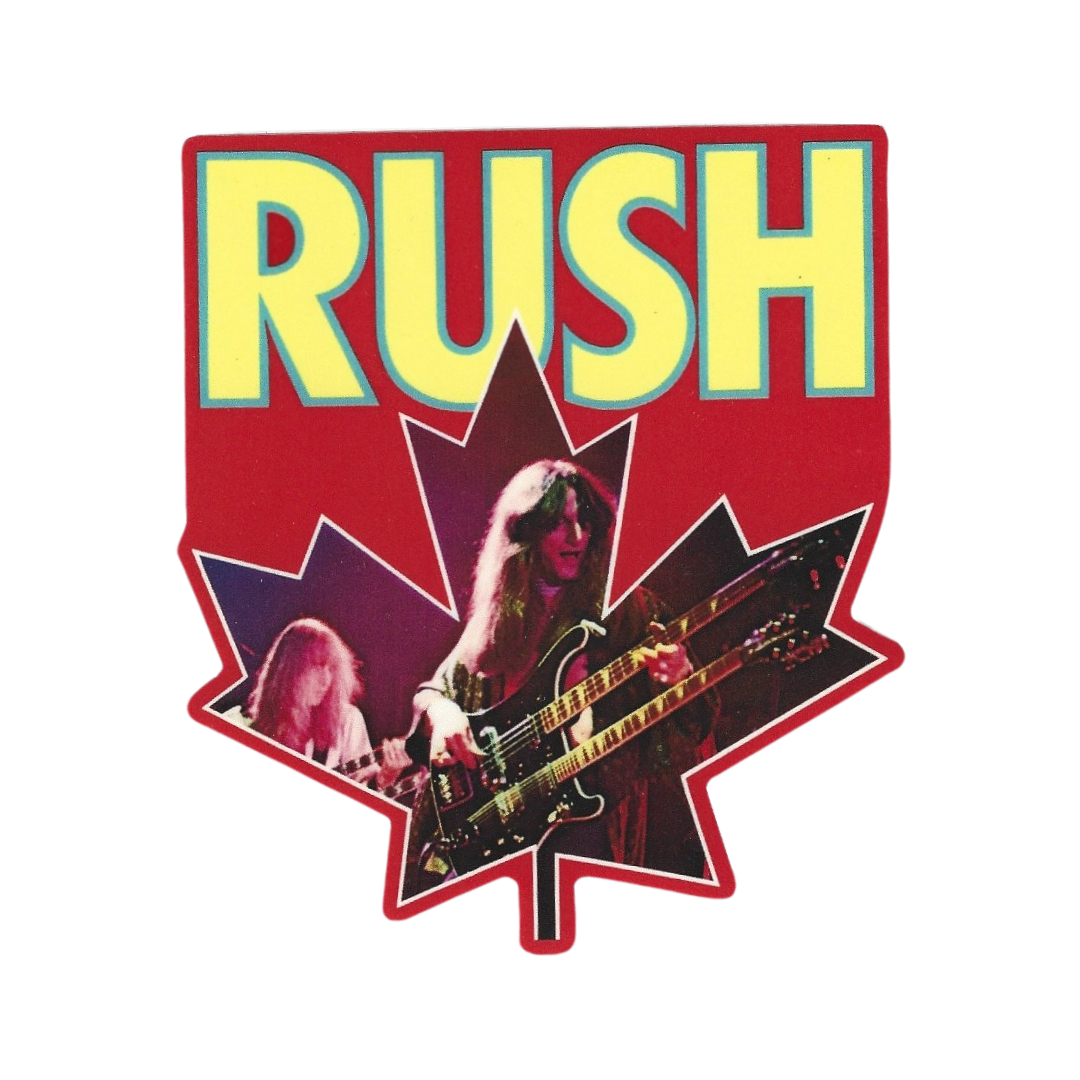 Logo of the band 'Rush' with a stylized maple leaf and band members playing guitar.