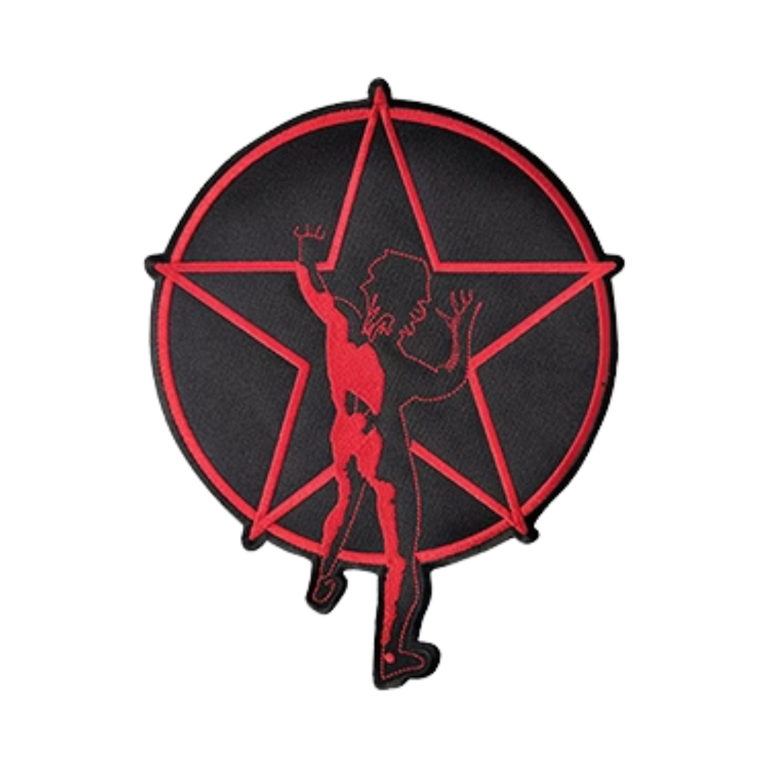 Black and red pentagram with a silhouette of a person on a white background